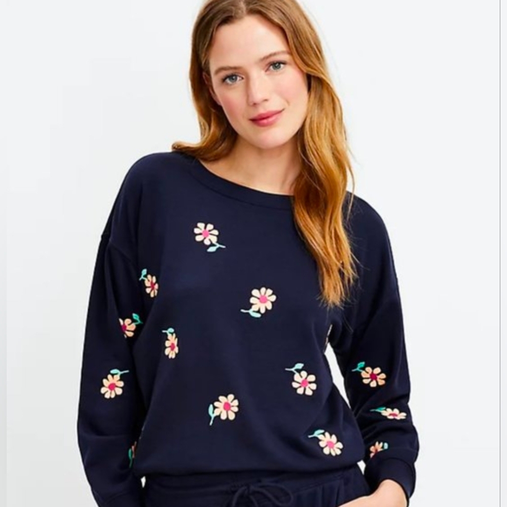 Lou & Grey Womens Blue Floral Embroidery Cotton Pullover Sweatshirt Size M *NWOT